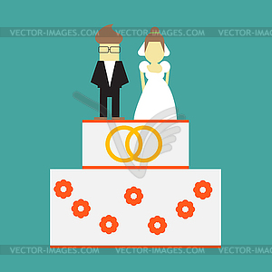 Wedding cake with rings and toppers bride and - vector clipart