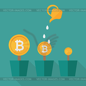 Bitcoin money flowers set with watering cans. - vector clipart / vector image