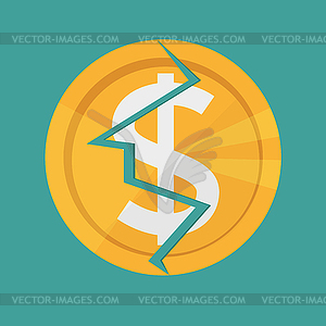 Golden Cracked Dollar coin. American money - color vector clipart