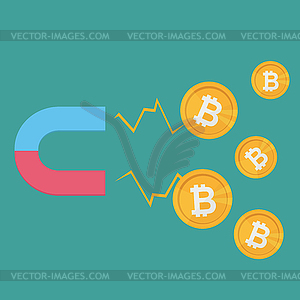 Business concept. magnet attracting bitcoins. - vector clip art