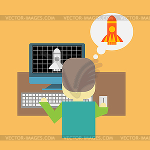 Man in front of pc with rocket taking off. Startup - vector image