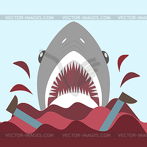 Bloody shark with open mouth. On red waves - in fla - vector image