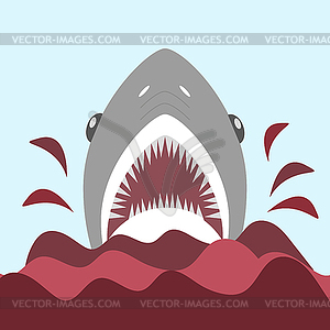 Bloody shark with open mouth. On red waves - in fla - vector clipart