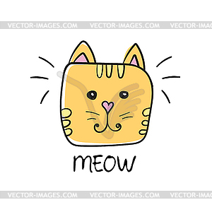 Cute cat face drawing and meow sign - Textile - vector clip art