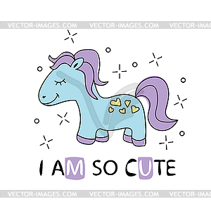 Cute cartoon little horse with purple hair. - vector image