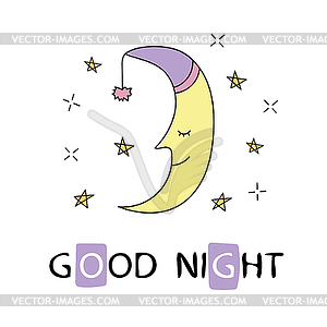 Cute sleeping crescent moon in night sky. - vector clipart
