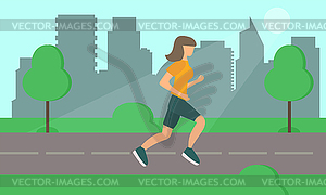 Woman Running on Road in City Park.  - vector clipart