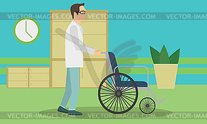 Doctor pushing an empty wheelchair. Full length - vector clipart
