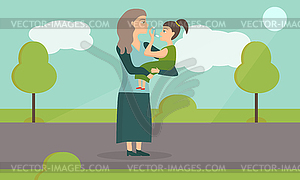 Asthmatic Girl Using an Inhaler. Mom with baby in - vector clipart