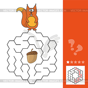 Help squirrel to find way to pinecone in maze game - color vector clipart