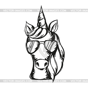 Cute unicorn face wearing sunglasses - vector image