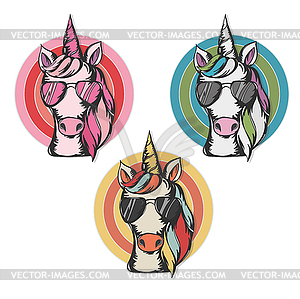 Cute unicorn face wearing sunglasses - vector image