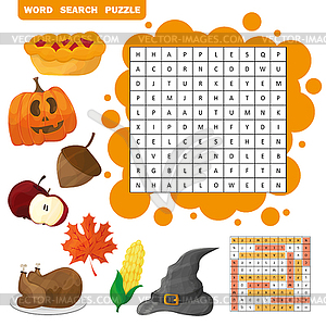 Learn English with an autumn word search game for - vector clipart