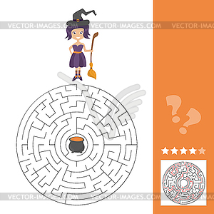 Maze game for kids with witch. Lets help this old - vector clipart