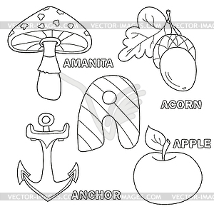 Apple, anchor, amanita, acorn letter in kids - vector image