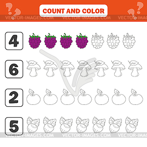 Mathematics worksheet for kids. Count and color - vector image