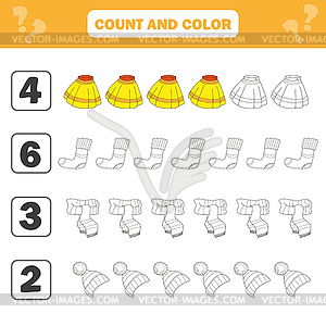 Mathematics worksheet for kids. Count and color - vector clipart