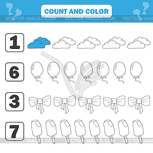 Mathematics worksheet for kids. Count and color - vector clip art