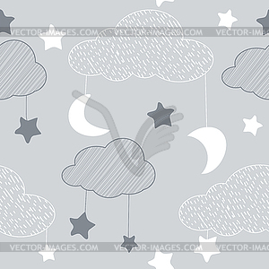 Seamless pattern with sky elements in line art - royalty-free vector clipart