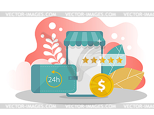 Online shopping. mobile phone with money, rating - vector image