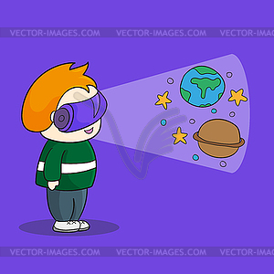 Boy with VR headset in space. Virtual reality for - stock vector clipart