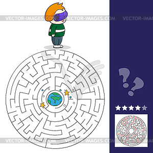 Boy with VR headset in space. Maze games find path - vector image