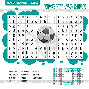 Sport games themed word search puzzle for kids. - vector clip art