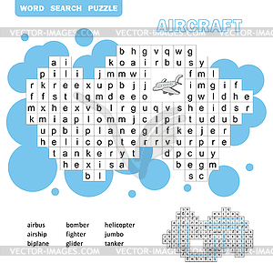 Air transport crossword game. Search words game wit - vector clipart