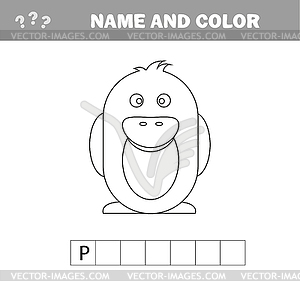 Cartoon penguin crossword. Name and color print game - vector image