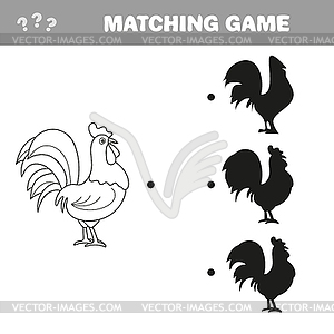 Cartoon rooster. Find correct shadow. Educational - vector clipart