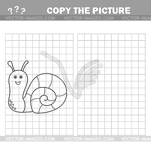 Funny little snail. Copy picture. Coloring book. - vector image