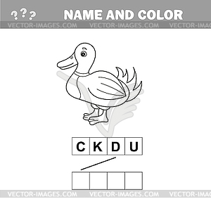 Coloring Cute Cartoon Duck. Educational Game for - white & black vector clipart