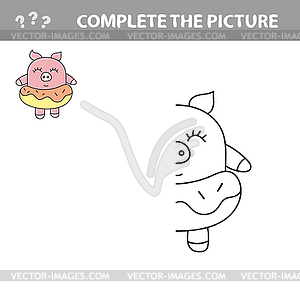 Funny pig. Complete picture children drawing game - vector image