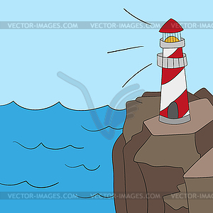 Leuchtturm Auf Ozean Oder Seestrand Karikaturhintergrund Vector Clipart Eps