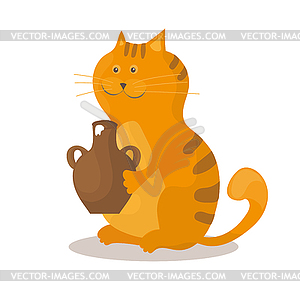 Cat eats sour cream of ceramic bowl - vector image