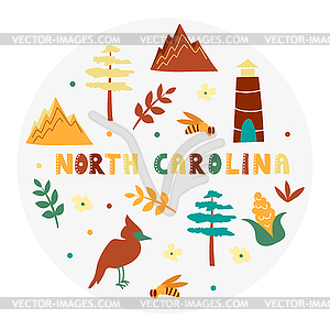 USA collection. North Carolina theme. State Symbols - vector clipart