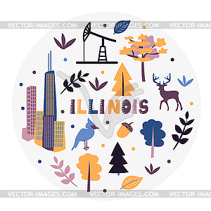 USA collection. Illinois theme. State Symbols - royalty-free vector clipart