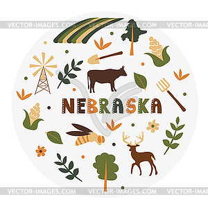 USA collection. Nebraska theme. State Symbols - royalty-free vector clipart