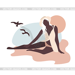 Woman and sea and birds - abstraction in beige - vector image