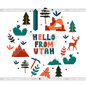 USA collection. Hello of Utah theme. State Symbols - vector clip art