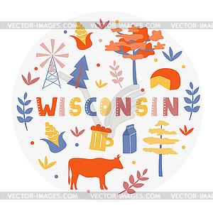 USA collection. Wisconsin theme. State Symbols - royalty-free vector clipart