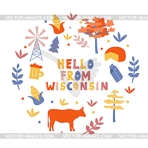 USA collection. Hello of Wisconsin theme. State - vector image