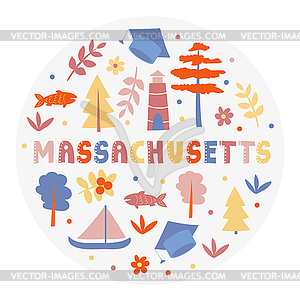 USA collection. Massachusetts theme. State Symbols - vector clip art