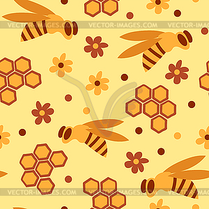 Seamless pattern with honey bees in honeycomb - vector clipart