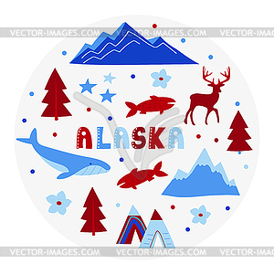 USA collection. Alaska theme. State Symbols - color vector clipart