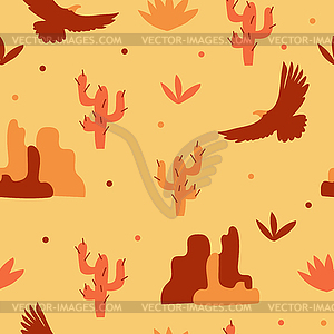 Flying eagle, mountains and cacti in desert. - vector clipart