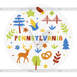 USA collection. Pennsylvania theme. State Symbols - vector clipart