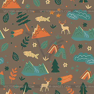 Seamless pattern. Mountains, tents in forest, - vector clipart / vector image
