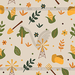 Seamless farm pattern background - growing corn - color vector clipart