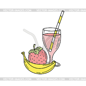 Бананово-клубничный смузи или лимонад в стакане - иллюстрация в векторном формате